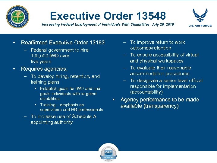 Executive Order 13548 Increasing Federal Employment of Individuals With Disabilities, July 26, 2010 •