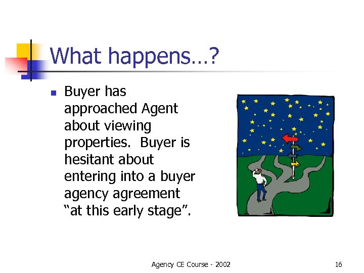 What happens…? n Buyer has approached Agent about viewing properties. Buyer is hesitant about
