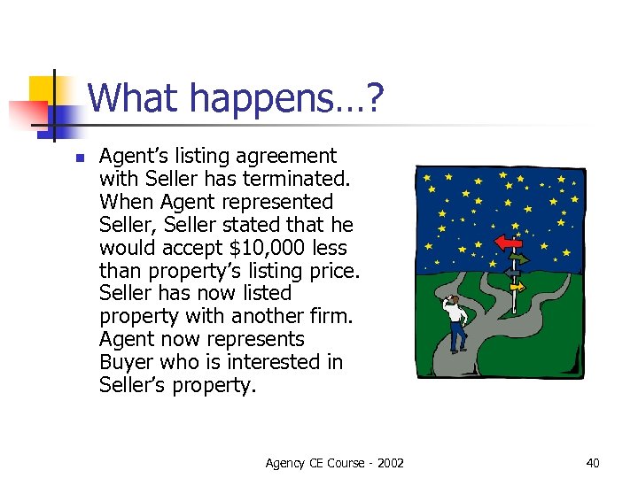 What happens…? n Agent’s listing agreement with Seller has terminated. When Agent represented Seller,
