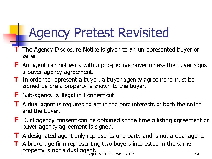 Agency Pretest Revisited T The Agency Disclosure Notice is given to an unrepresented buyer