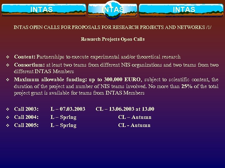 INTAS OPEN CALLS FOR PROPOSALS FOR RESEARCH PROJECTS AND NETWORKS /1/ Research Projects Open