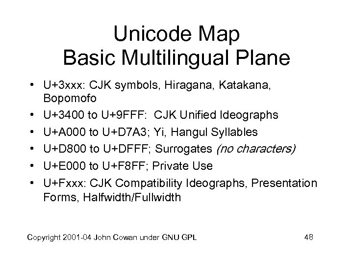 Unicode Map Basic Multilingual Plane • U+3 xxx: CJK symbols, Hiragana, Katakana, Bopomofo •
