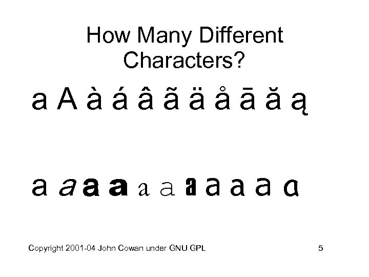 How Many Different Characters? a. Aàáâãäåāăą aaaaaa Copyright 2001 -04 John Cowan under GNU