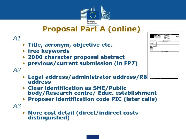 Proposal Part A (online) A 1 A 2 A 3 • • Title, acronym,