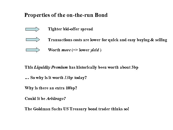 Properties of the on-the-run Bond Tighter bid-offer spread Transactions costs are lower for quick