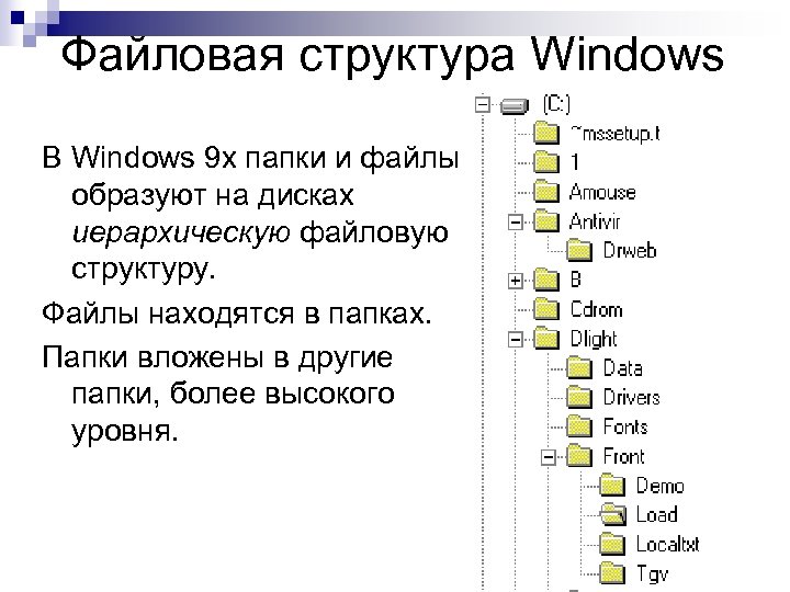 Файловая структура Windows В Windows 9 х папки и файлы образуют на дисках иерархическую