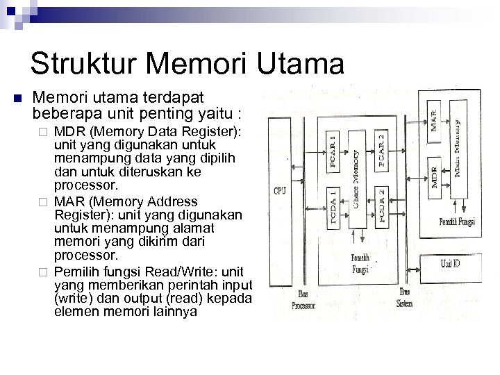 Struktur Memori Utama n Memori utama terdapat beberapa unit penting yaitu : MDR (Memory