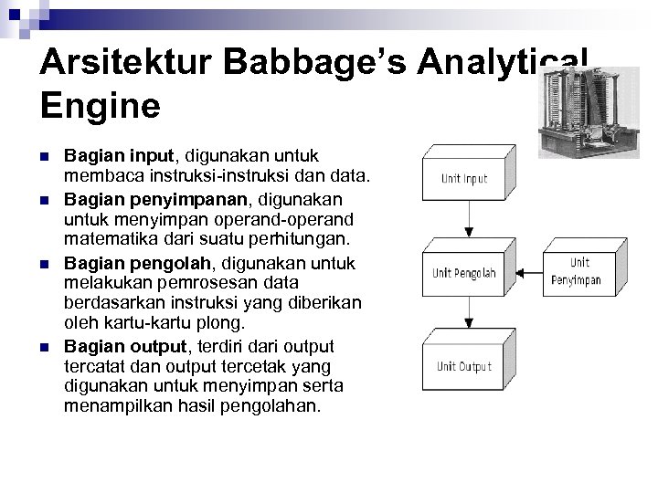 Arsitektur Babbage’s Analytical Engine n n Bagian input, digunakan untuk membaca instruksi-instruksi dan data.