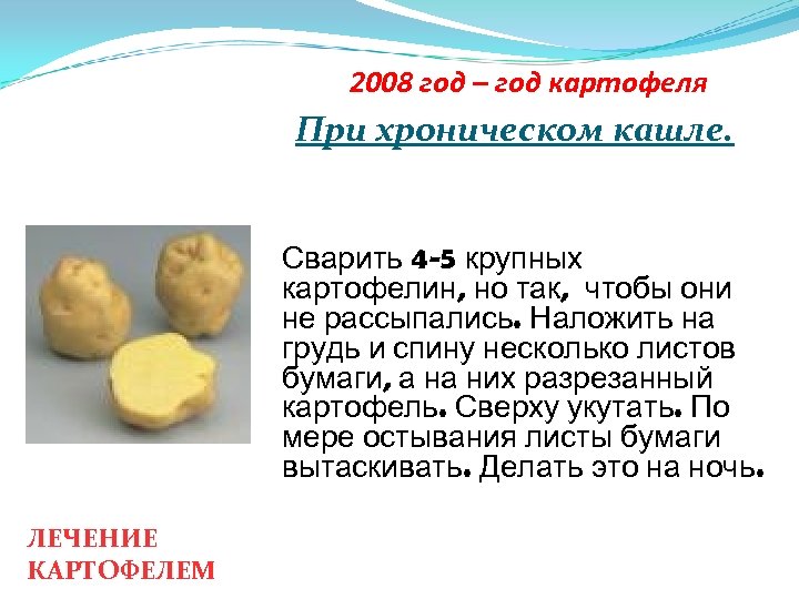 2008 год – год картофеля При хроническом кашле. Сварить 4 -5 крупных картофелин, но