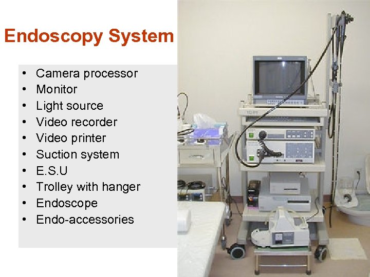 Endoscopy System • • • Camera processor Monitor Light source Video recorder Video printer