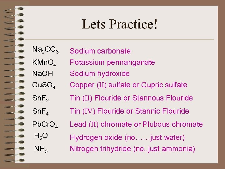 Lets Practice! Na 2 CO 3 KMn. O 4 Na. OH Cu. SO 4