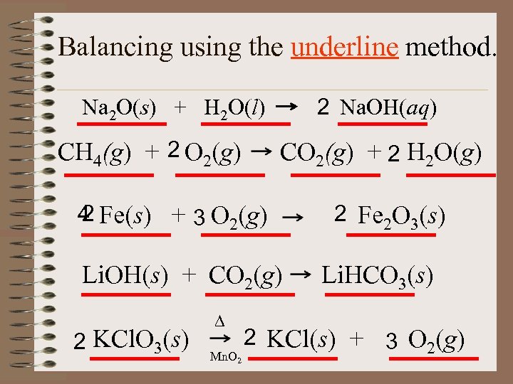 Balancing using the underline method. 2 Na. OH(aq) Na 2 O(s) + H 2