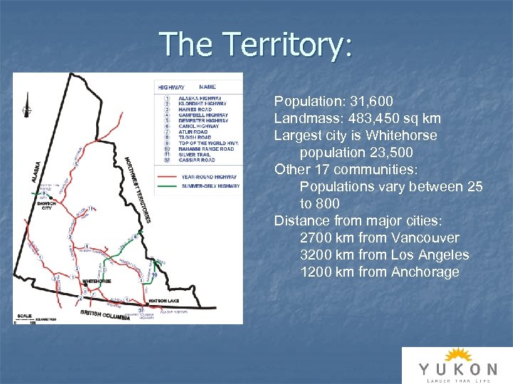 The Territory: Population: 31, 600 Landmass: 483, 450 sq km Largest city is Whitehorse