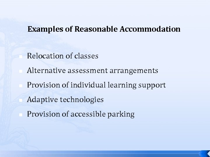 Examples of Reasonable Accommodation Relocation of classes Alternative assessment arrangements Provision of individual learning