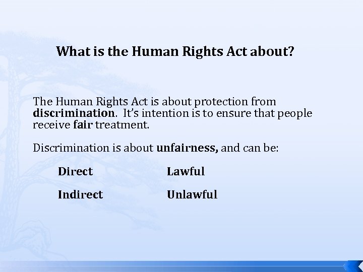 What is the Human Rights Act about? The Human Rights Act is about protection