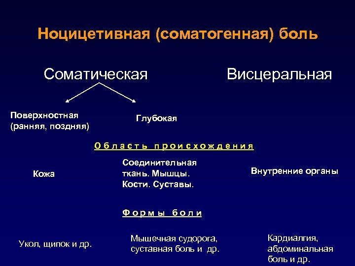 Поверхностные боли. Ноцицептивная соматическая боль. Соматическая и висцеральная боль. Медиаторы соматической и висцеральной боли.. Классификация болей. Медиаторы соматической и висцеральной боли..