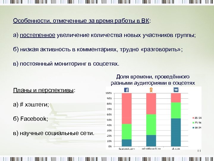 Особенности, отмеченные за время работы в ВК: а) постепенное увеличение количества новых участников группы;