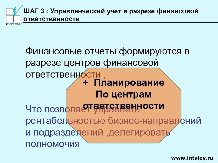 ШАГ 3 : Управленческий учет в разрезе финансовой ответственности Финансовые отчеты формируются в разрезе