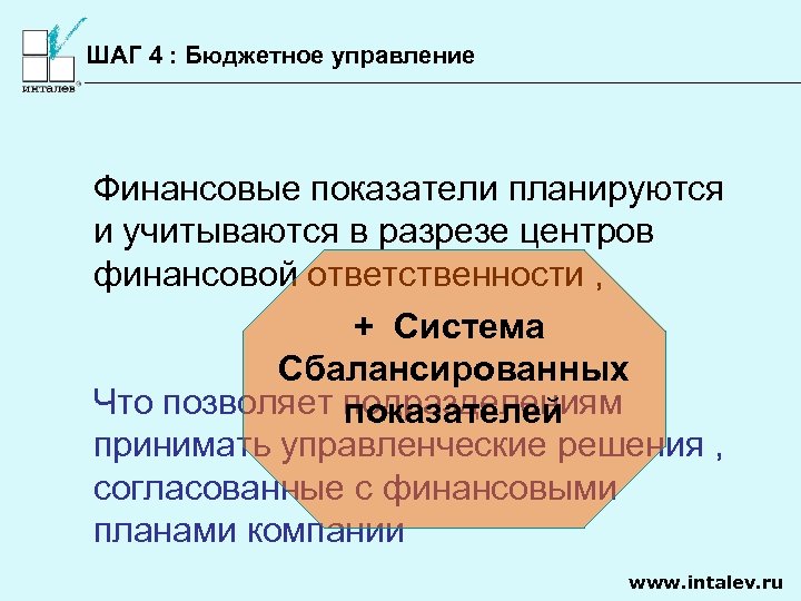 ШАГ 4 : Бюджетное управление Финансовые показатели планируются и учитываются в разрезе центров финансовой