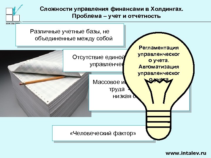 Сложности управления финансами в Холдингах. Проблема – учет и отчетность Различные учетные базы, не