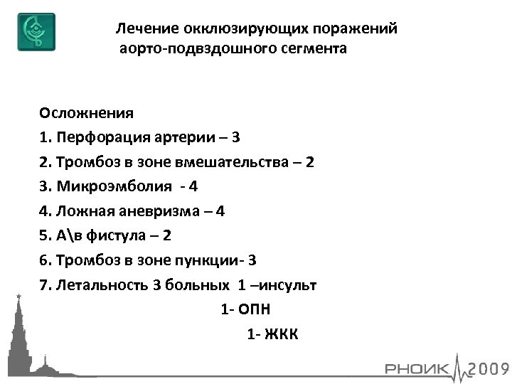 Лечение окклюзирующих поражений аорто-подвздошного сегмента Осложнения 1. Перфорация артерии – 3 2. Тромбоз в