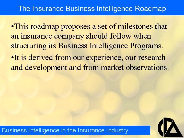 The Insurance Business Intelligence Roadmap • This roadmap proposes a set of milestones that