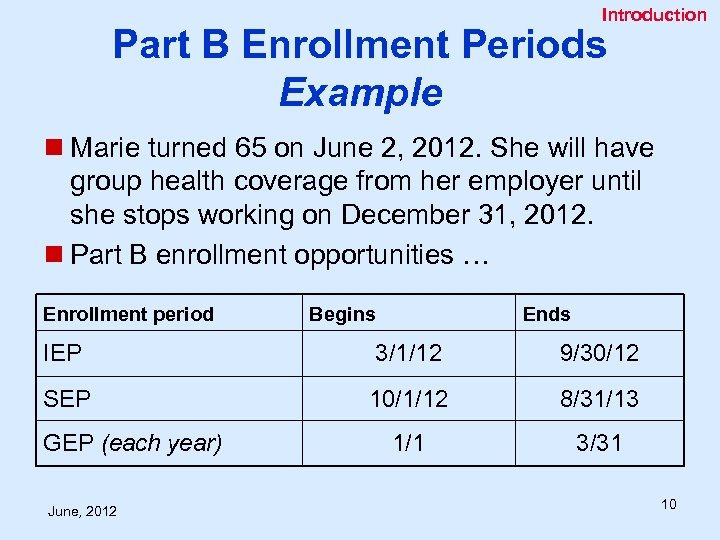 Introduction Part B Enrollment Periods Example n Marie turned 65 on June 2, 2012.