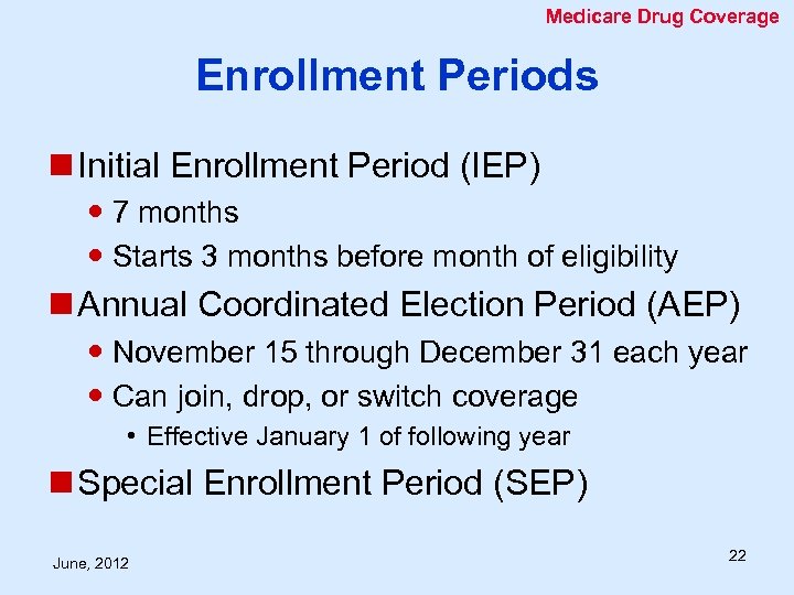 Medicare Drug Coverage Enrollment Periods n Initial Enrollment Period (IEP) 7 months Starts 3