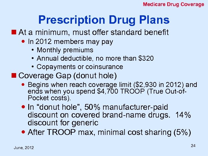 Medicare Drug Coverage Prescription Drug Plans n At a minimum, must offer standard benefit