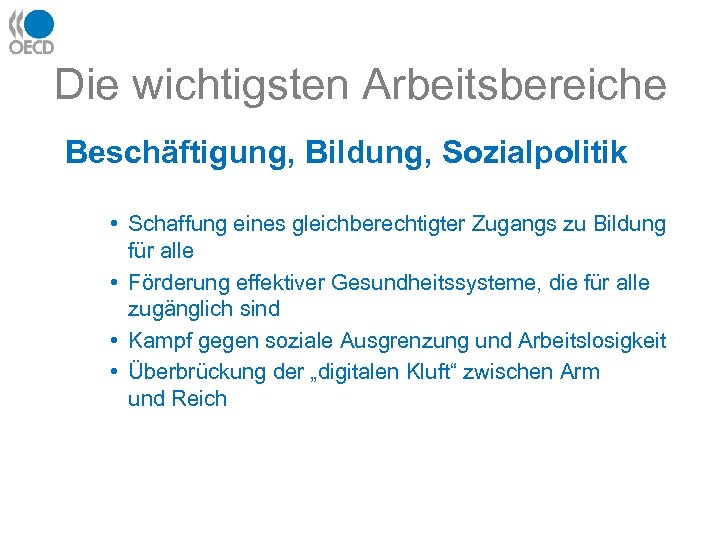 Die wichtigsten Arbeitsbereiche Beschäftigung, Bildung, Sozialpolitik • Schaffung eines gleichberechtigter Zugangs zu Bildung für