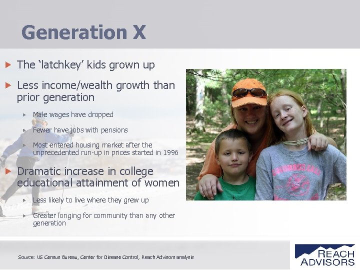 Generation X The ‘latchkey’ kids grown up Less income/wealth growth than prior generation Male