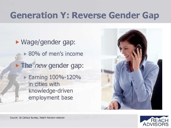 Generation Y: Reverse Gender Gap Wage/gender gap: 80% of men’s income The new gender