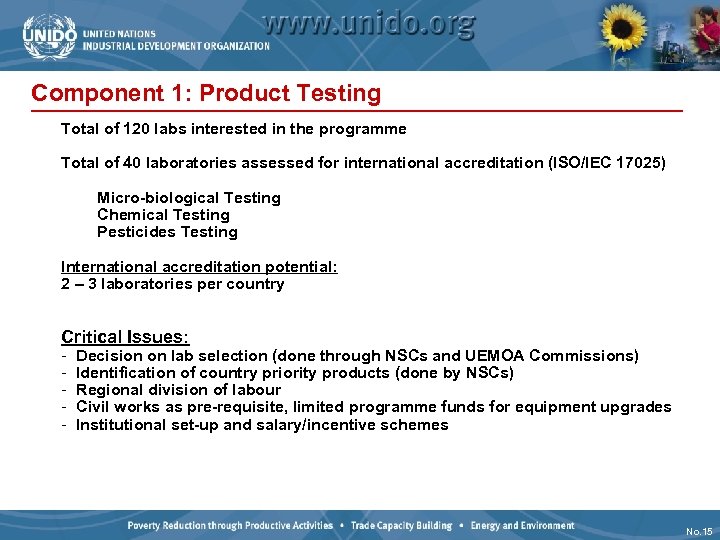 Component 1: Product Testing Total of 120 labs interested in the programme Total of