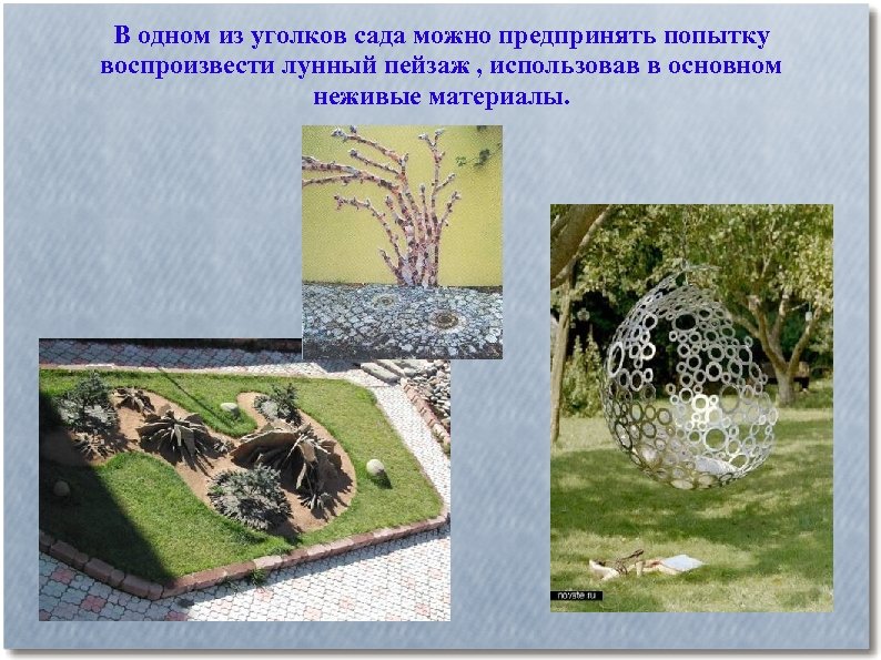 В одном из уголков сада можно предпринять попытку воспроизвести лунный пейзаж , использовав в
