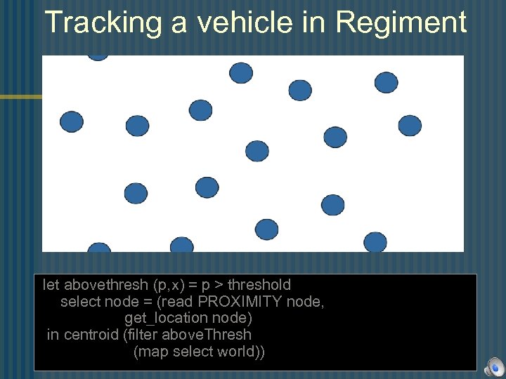 Tracking a vehicle in Regiment let abovethresh (p, x) = p > threshold select