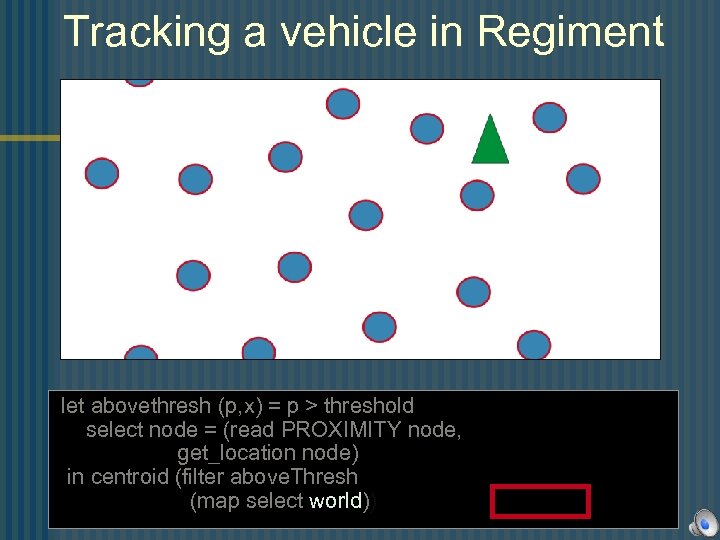 Tracking a vehicle in Regiment let abovethresh (p, x) = p > threshold select