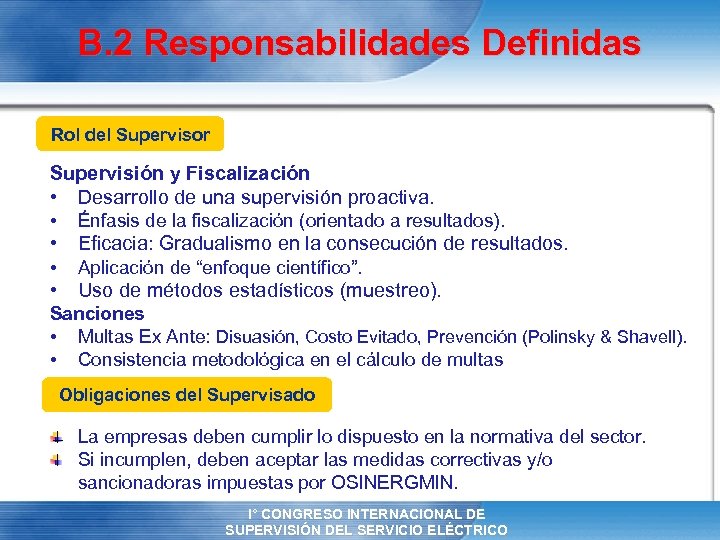 B. 2 Responsabilidades Definidas Rol del Supervisor Supervisión y Fiscalización • Desarrollo de una