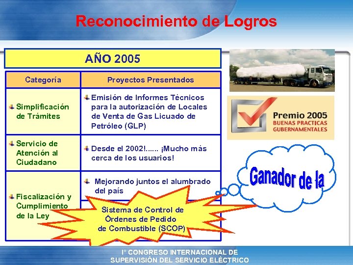 Reconocimiento de Logros AÑO 2005 Categoría Proyectos Presentados Simplificación de Trámites Emisión de Informes