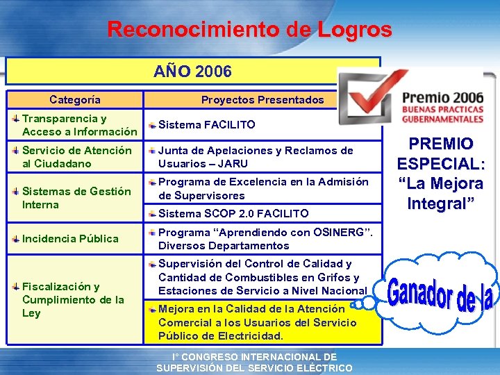 Reconocimiento de Logros AÑO 2006 Categoría Proyectos Presentados Transparencia y Acceso a Información Sistema