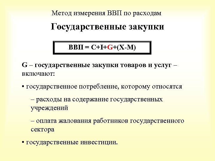 Метод измерения ВВП по расходам Государственные закупки ВВП = С+I+G+(X-M) G – государственные закупки
