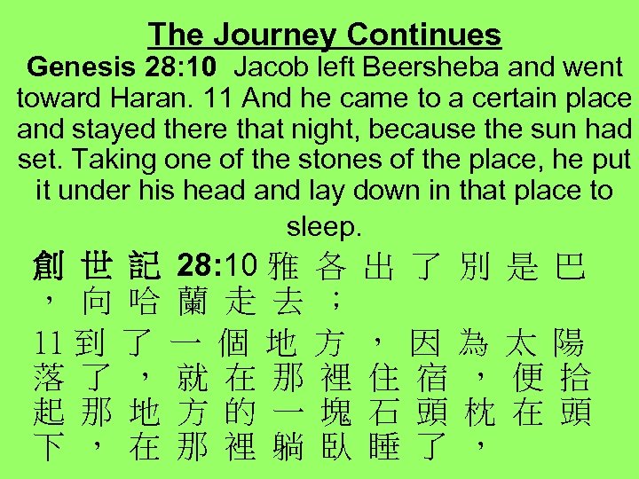 The Journey Continues Genesis 28: 10 Jacob left Beersheba and went toward Haran. 11