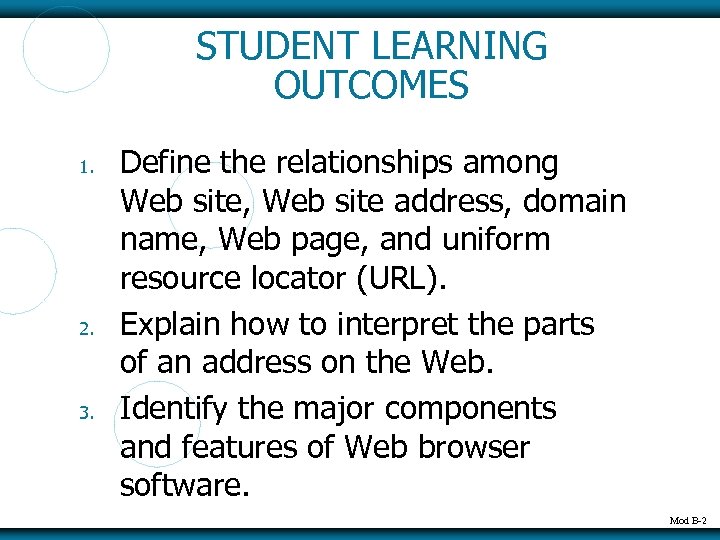 STUDENT LEARNING OUTCOMES 1. 2. 3. Define the relationships among Web site, Web site