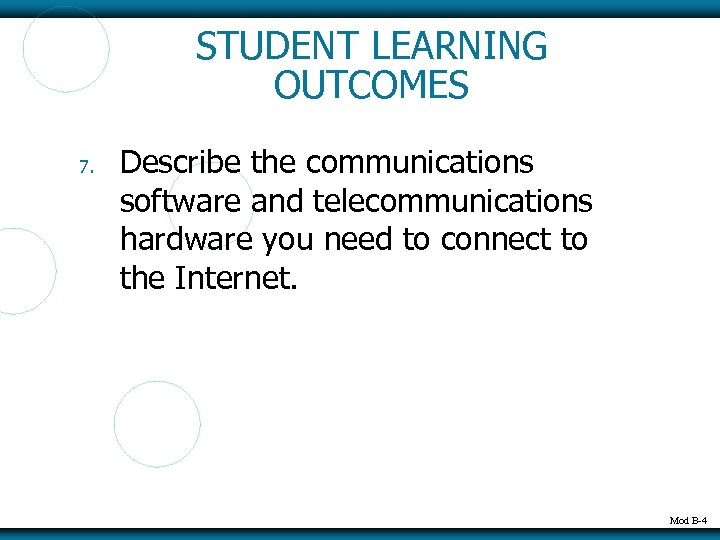 STUDENT LEARNING OUTCOMES 7. Describe the communications software and telecommunications hardware you need to