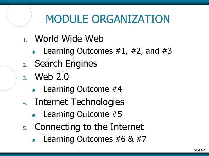 MODULE ORGANIZATION 1. World Wide Web 2. 3. Search Engines Web 2. 0 4.