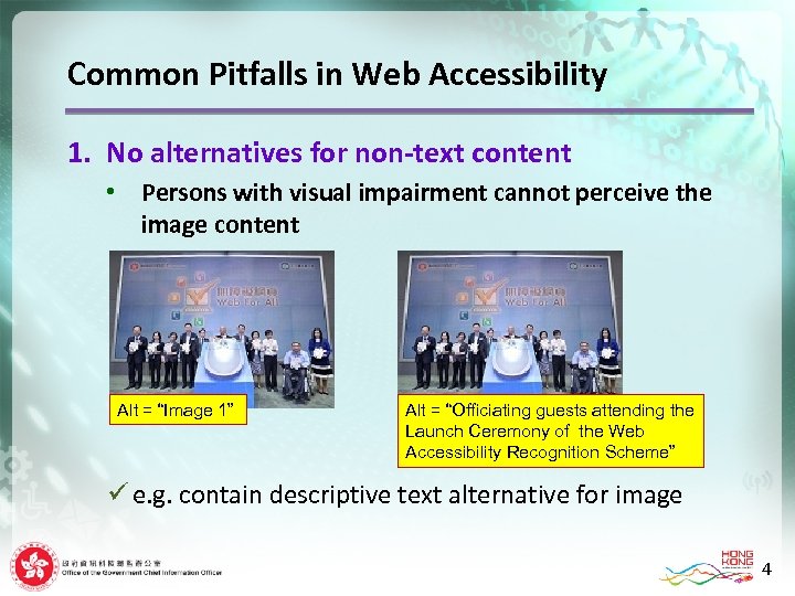 Common Pitfalls in Web Accessibility 1. No alternatives for non-text content • Persons with