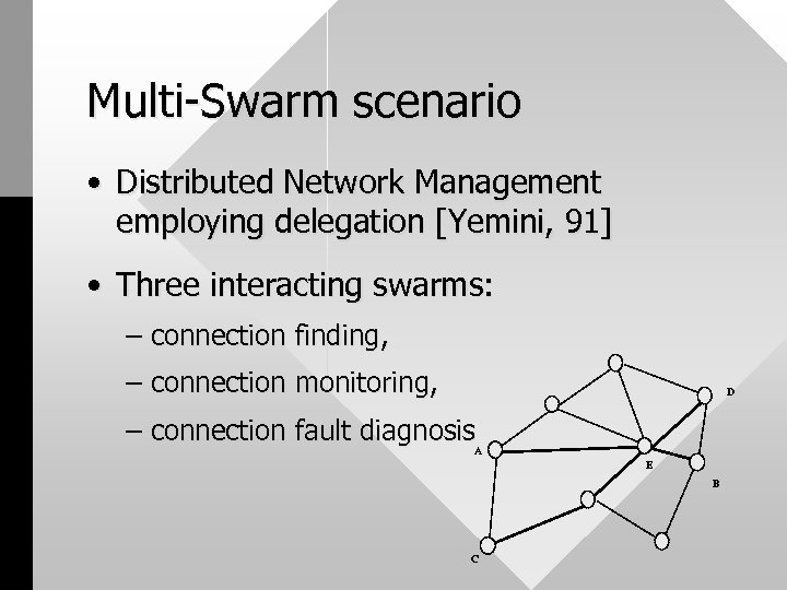 Multi-Swarm scenario • Distributed Network Management employing delegation [Yemini, 91] • Three interacting swarms: