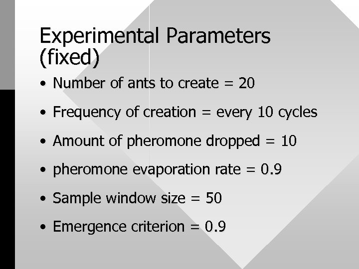 Experimental Parameters (fixed) • Number of ants to create = 20 • Frequency of