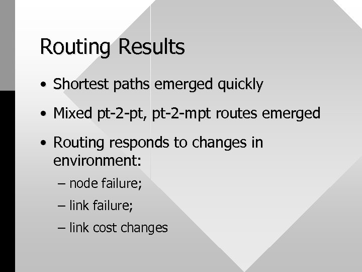 Routing Results • Shortest paths emerged quickly • Mixed pt-2 -pt, pt-2 -mpt routes
