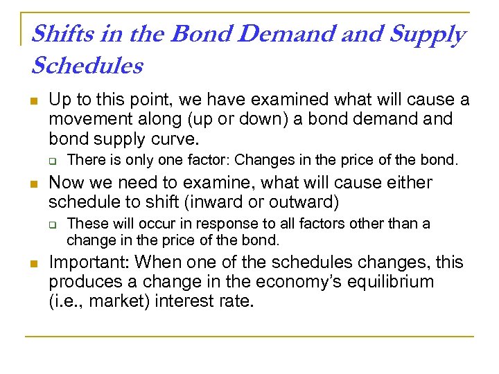 Shifts in the Bond Demand Supply Schedules n Up to this point, we have
