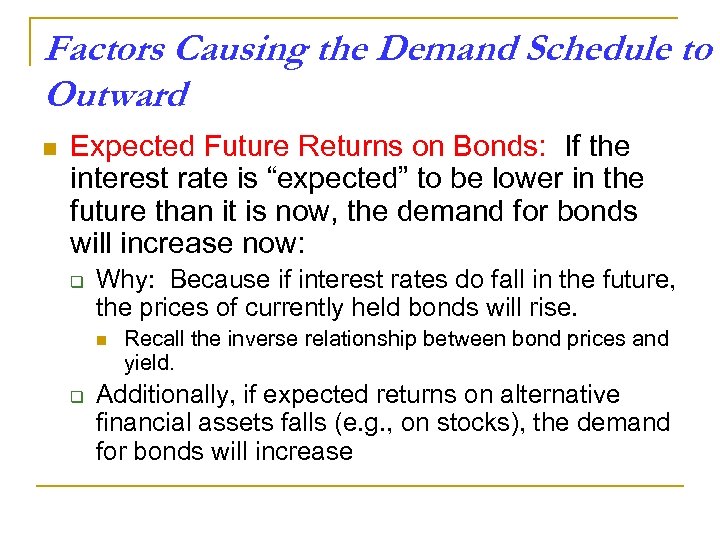 Factors Causing the Demand Schedule to Outward n Expected Future Returns on Bonds: If